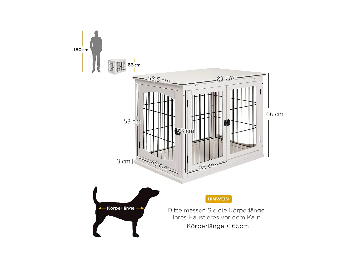 Cage de transport pour chien, design moderne avec 2 portes, MDF et métal, blanc (58.5x81x66 cm)