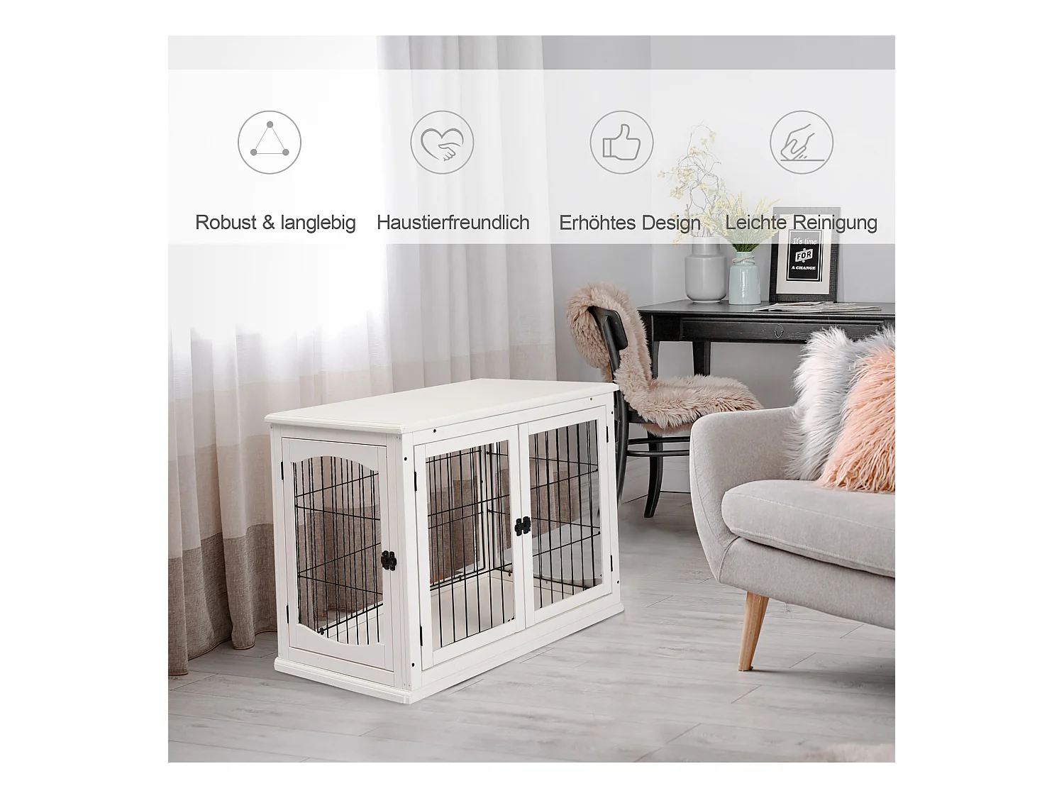 Cage de transport pour chien, design moderne avec 2 portes, MDF et métal, blanc (58.5x81x66 cm)