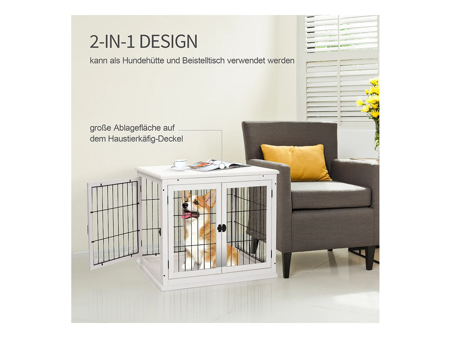 Cage de transport pour chien, design moderne avec 2 portes, MDF et métal, blanc (58.5x81x66 cm)