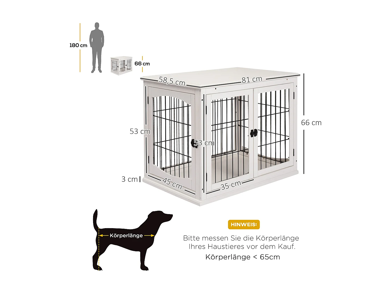 Cage de transport pour chien, design moderne avec 2 portes, MDF et métal, blanc (58.5x81x66 cm)