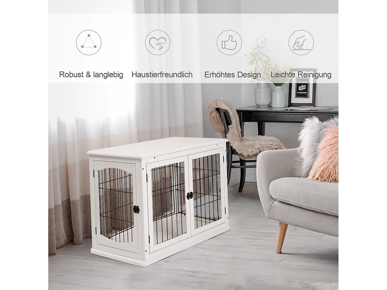 Cage de transport pour chien, design moderne avec 2 portes, MDF et métal, blanc (58.5x81x66 cm)