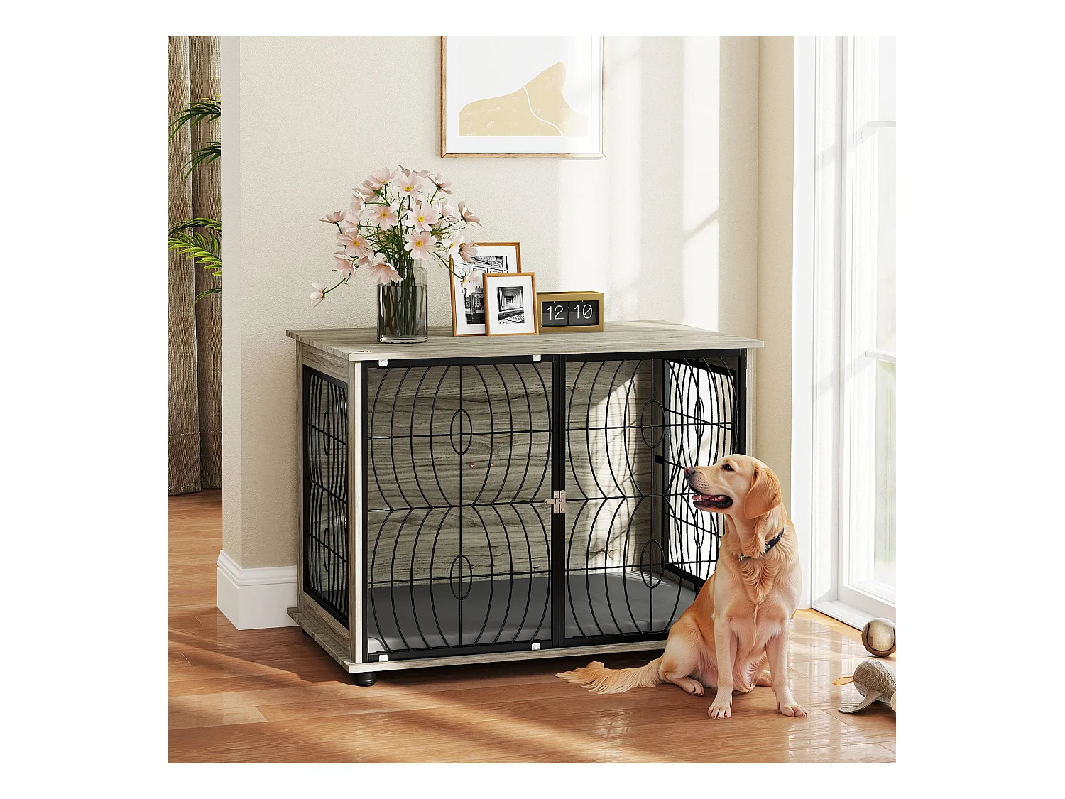 Cage pour chien d'intérieur, design moderne avec coussin, panneau de particules, gris, fenêtre et porte verrouillable (100x60x73.5 cm)