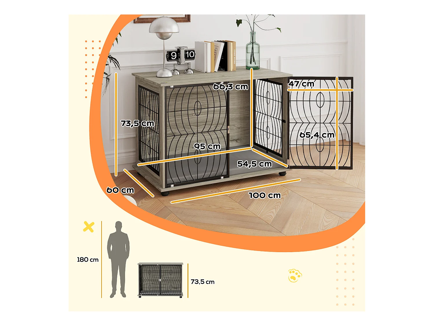Cage pour chien d'intérieur, design moderne avec coussin, panneau de particules, gris, fenêtre et porte verrouillable (100x60x73.5 cm)