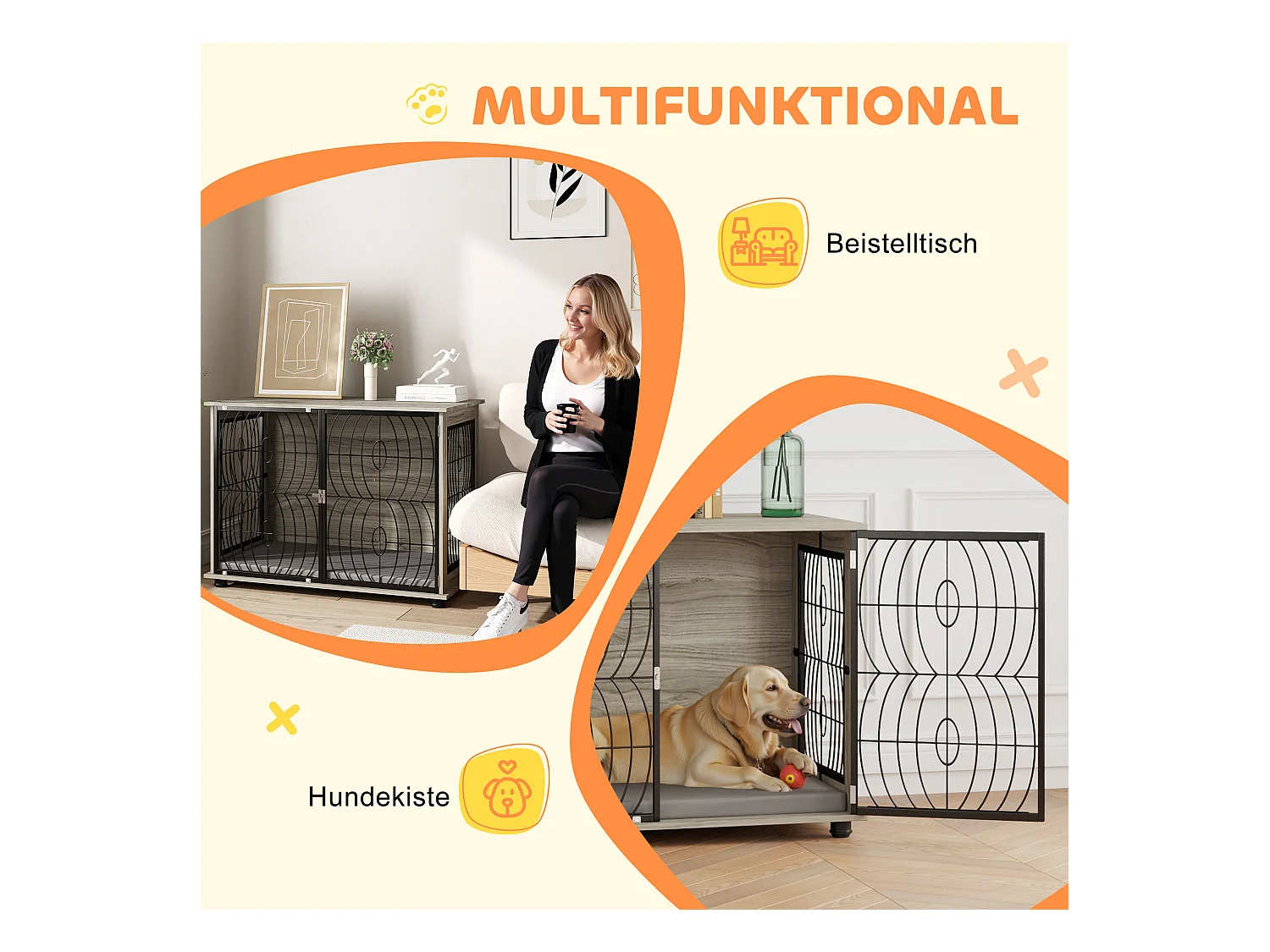 Cage pour chien d'intérieur, design moderne avec coussin, panneau de particules, gris, fenêtre et porte verrouillable (100x60x73.5 cm)