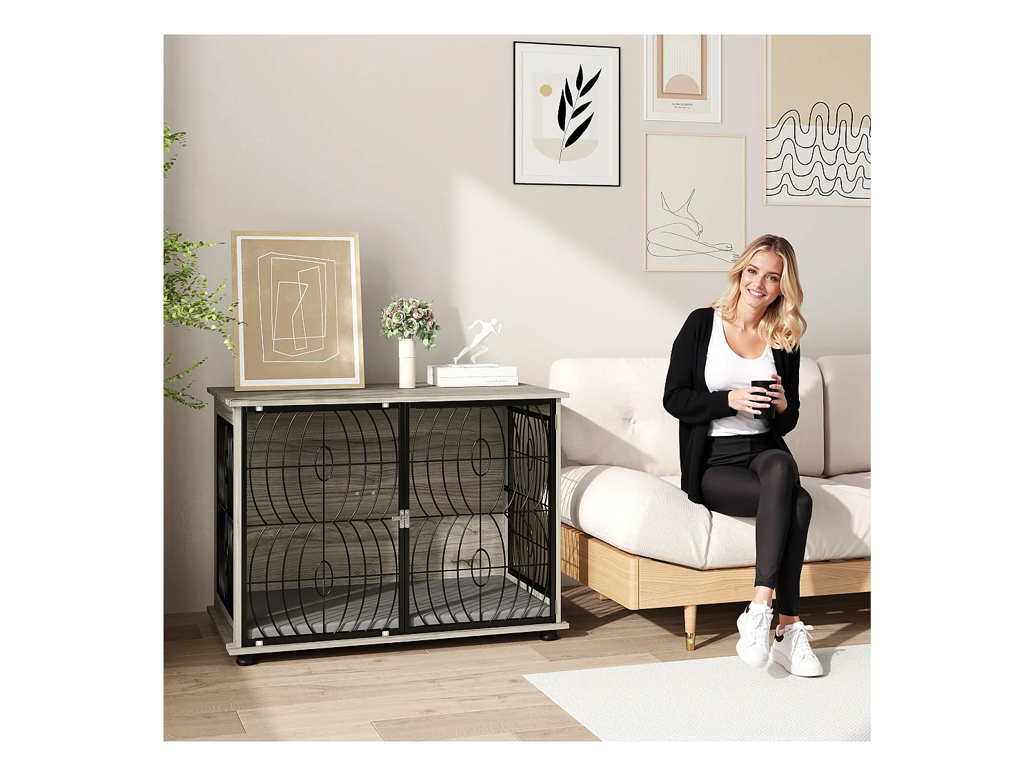 Cage pour chien d'intérieur, design moderne avec coussin, panneau de particules, gris, fenêtre et porte verrouillable (100x60x73.5 cm)