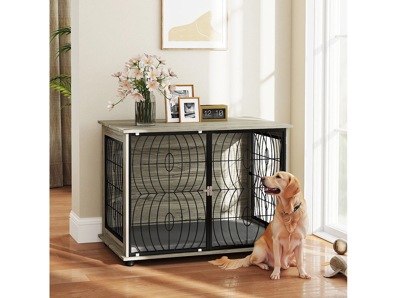 Cage pour chien d'intérieur, design moderne avec coussin, panneau de particules, gris, fenêtre et porte verrouillable (100x60x73.5 cm)