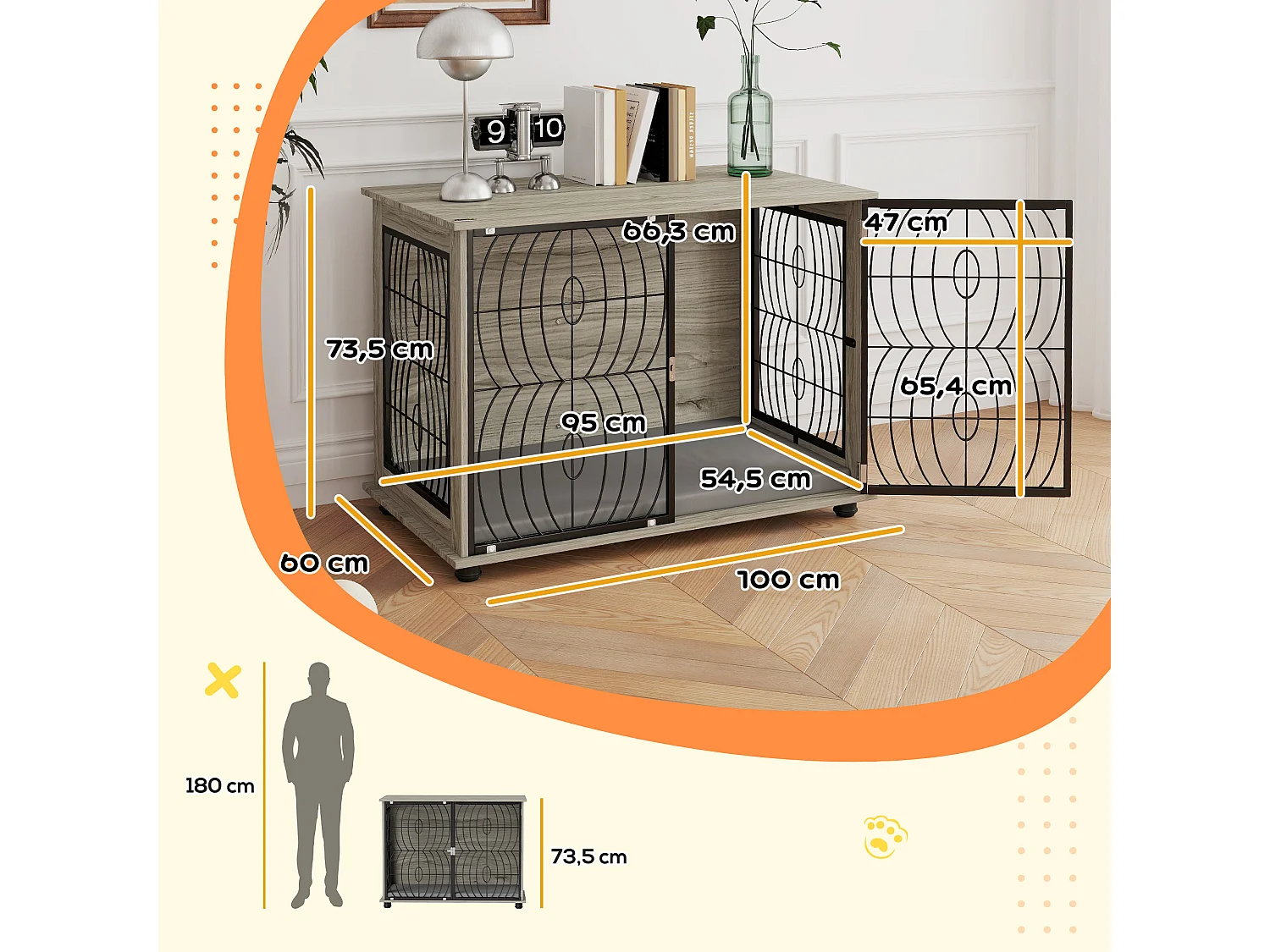 Cage pour chien d'intérieur, design moderne avec coussin, panneau de particules, gris, fenêtre et porte verrouillable (100x60x73.5 cm)