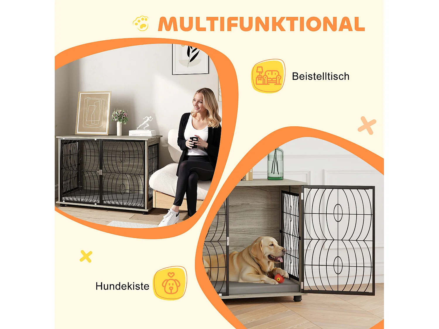 Cage pour chien d'intérieur, design moderne avec coussin, panneau de particules, gris, fenêtre et porte verrouillable (100x60x73.5 cm)