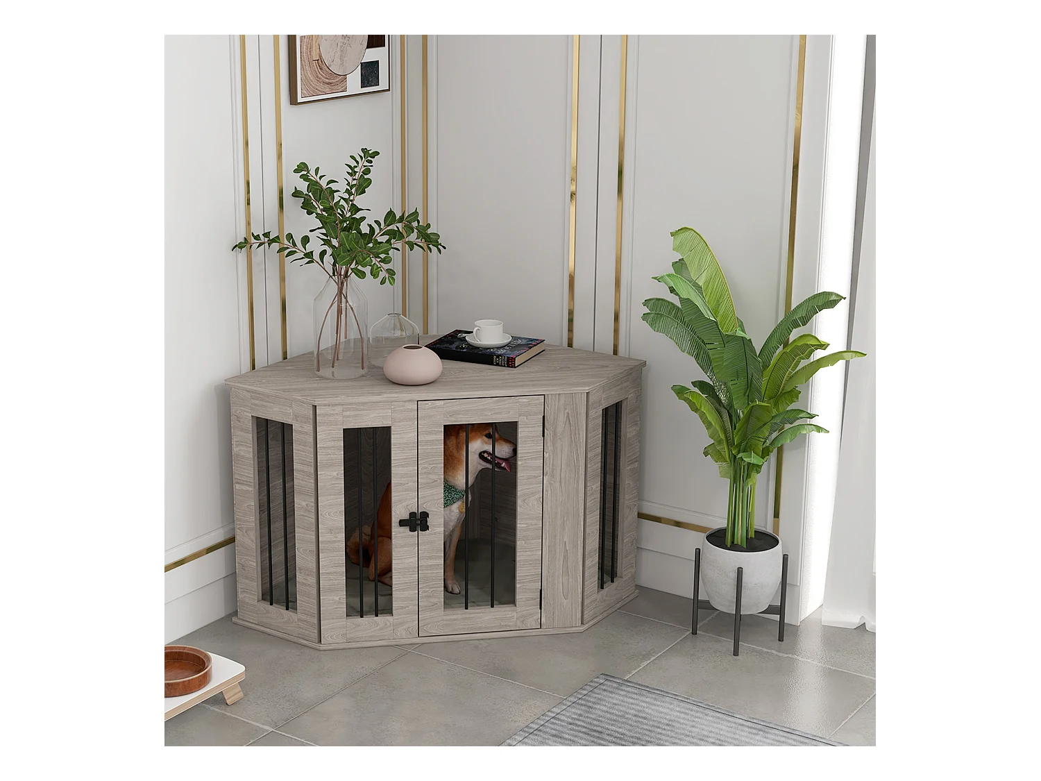 Cage pour chien rectangulaire avec coussin et verrou, en contreplaqué, noyer, pour chiens de taille moyenne (104x55x63cm)