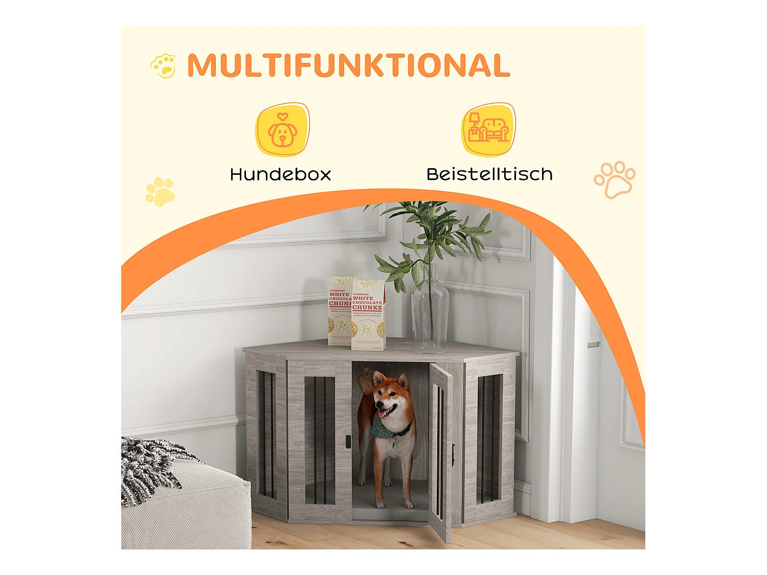 Cage pour chien rectangulaire avec coussin et verrou, en contreplaqué, noyer, pour chiens de taille moyenne (104x55x63cm)