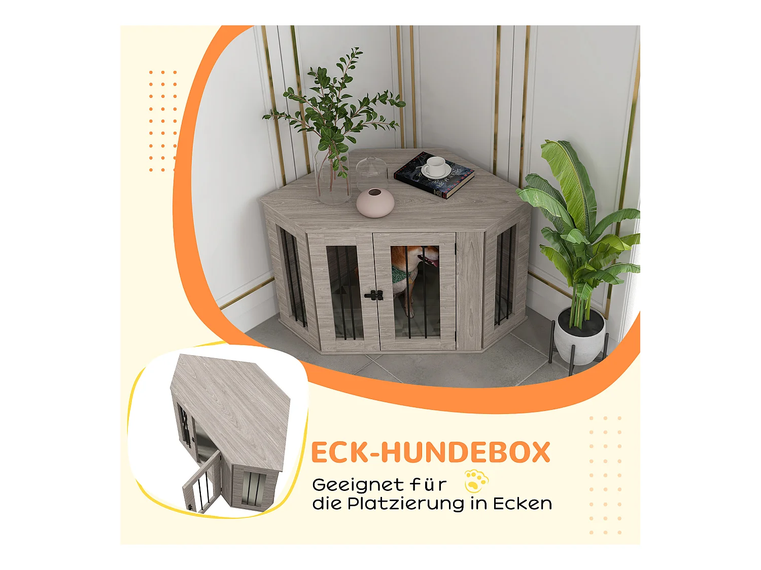 Cage pour chien rectangulaire avec coussin et verrou, en contreplaqué, noyer, pour chiens de taille moyenne (104x55x63cm)