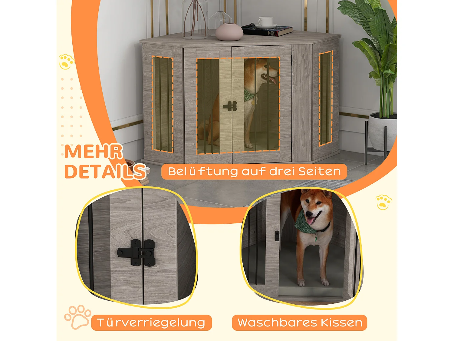 Cage pour chien rectangulaire avec coussin et verrou, en contreplaqué, noyer, pour chiens de taille moyenne (104x55x63cm)