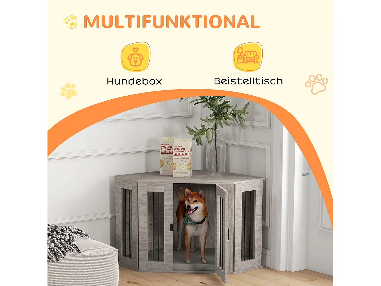 Cage pour chien rectangulaire avec coussin et verrou, en contreplaqué, noyer, pour chiens de taille moyenne (104x55x63cm)