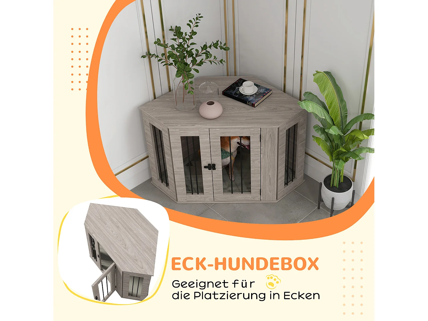 Cage pour chien rectangulaire avec coussin et verrou, en contreplaqué, noyer, pour chiens de taille moyenne (104x55x63cm)