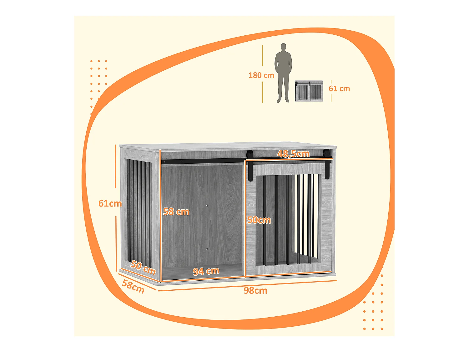 Cage pour chien verrouillable avec porte coulissante, panneau de particules, gris (98x58x61 cm)