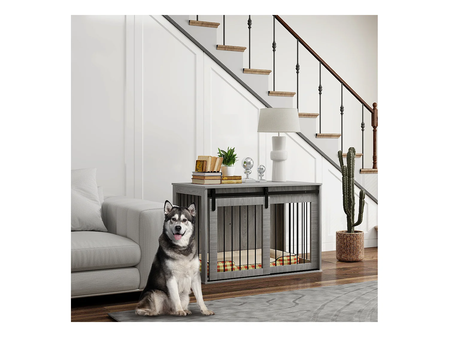 Cage pour chien verrouillable avec porte coulissante, panneau de particules, gris (98x58x61 cm)