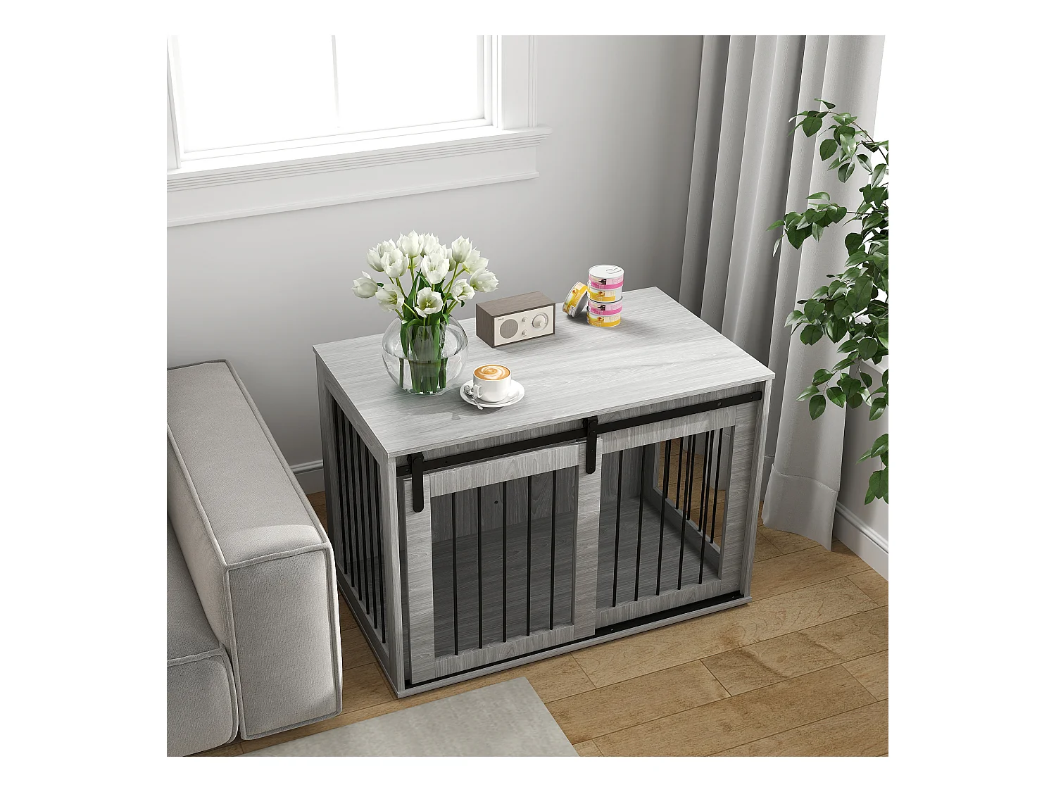 Cage pour chien verrouillable avec porte coulissante, panneau de particules, gris (98x58x61 cm)