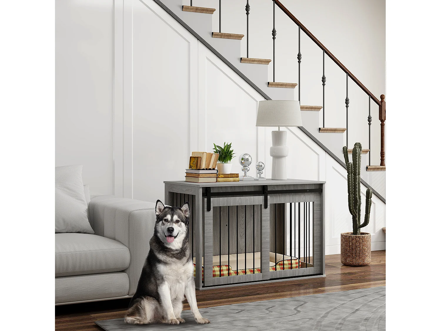 Cage pour chien verrouillable avec porte coulissante, panneau de particules, gris (98x58x61 cm)