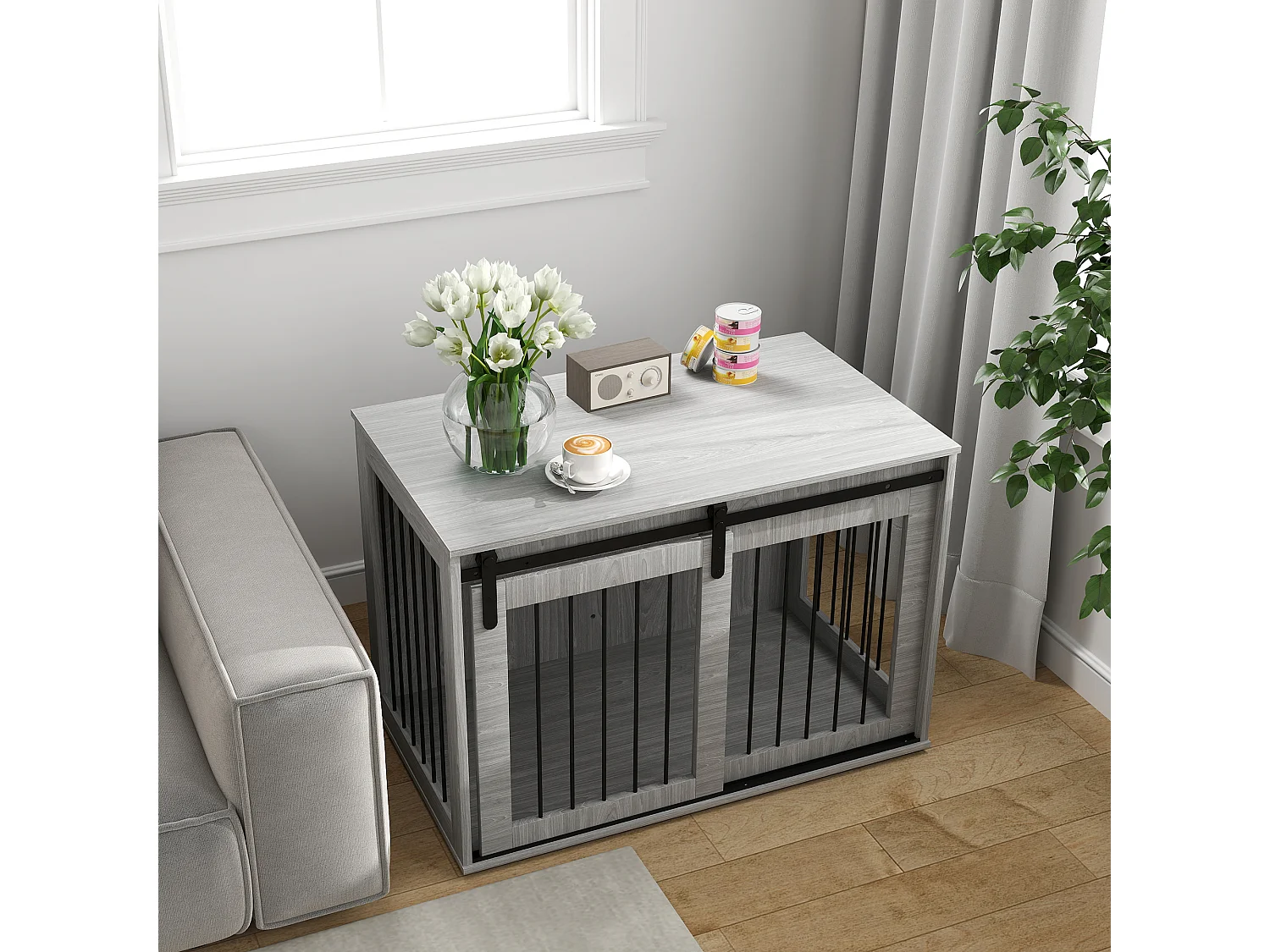 Cage pour chien verrouillable avec porte coulissante, panneau de particules, gris (98x58x61 cm)