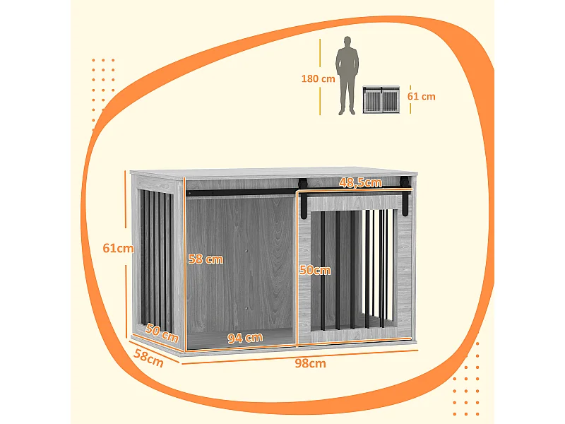 Transportín para perros con cerradura y puerta corredera, de aglomerado, gris (98 x 58 x 61 cm)