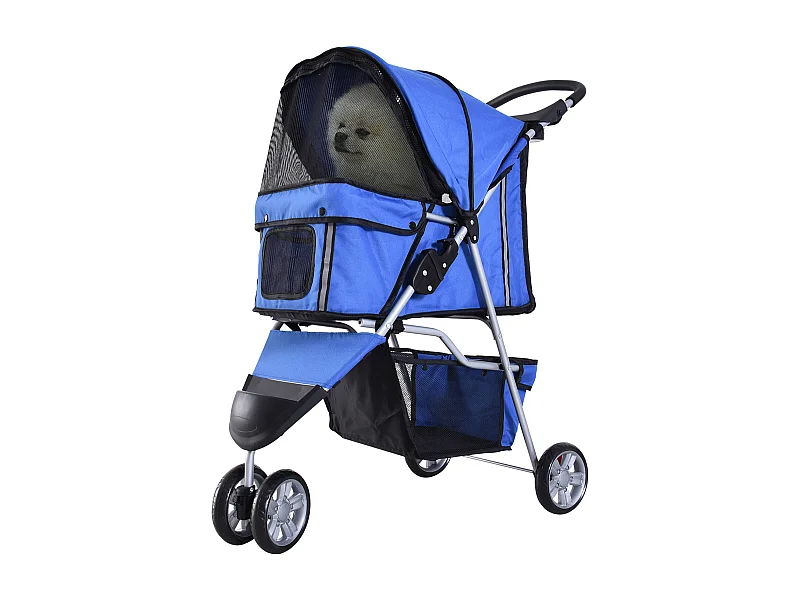 Chariot pliable pour chien et chat, design pratique, tissu oxford, bleu, avec frein et filet anti-insectes (75x45x97cm)