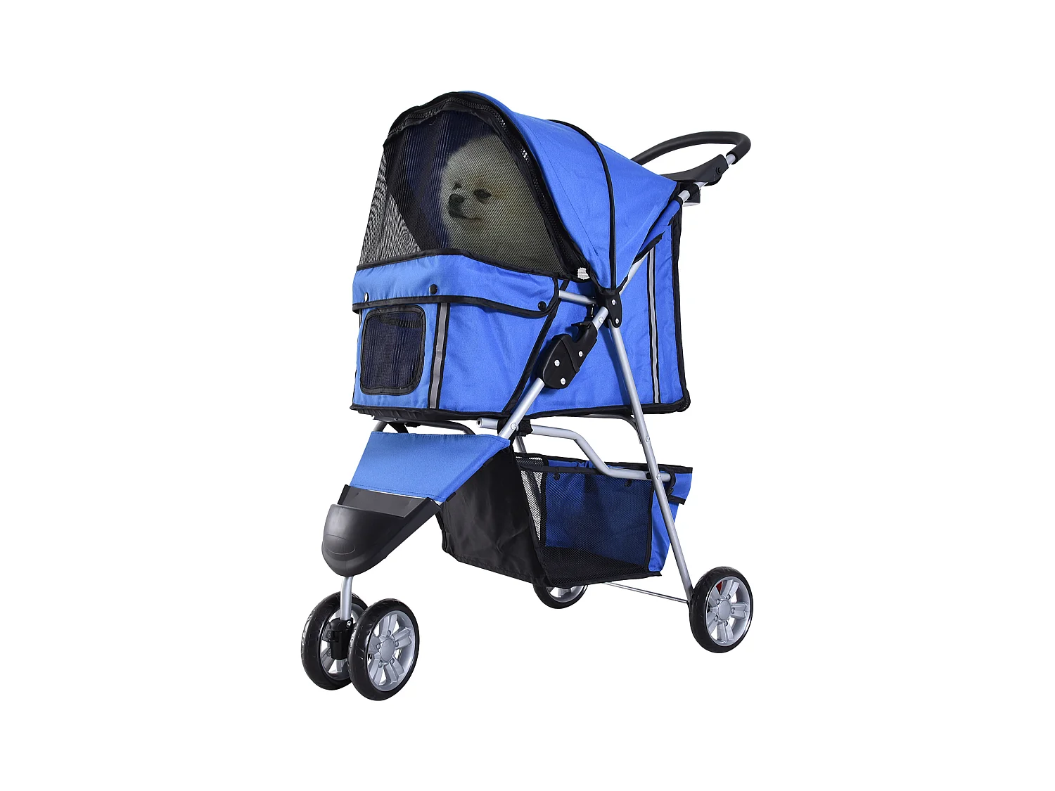 Chariot pliable pour chien et chat, design pratique, tissu oxford, bleu, avec frein et filet anti-insectes (75x45x97cm)