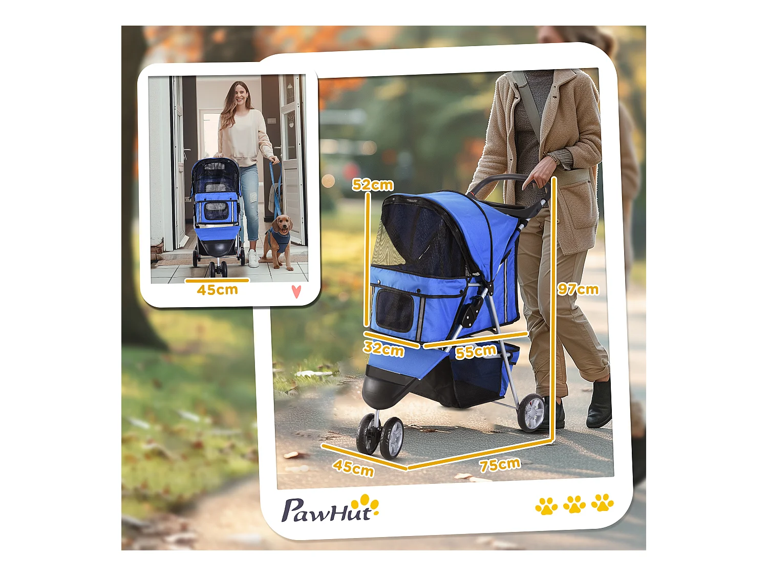 Chariot pliable pour chien et chat, design pratique, tissu oxford, bleu, avec frein et filet anti-insectes (75x45x97cm)