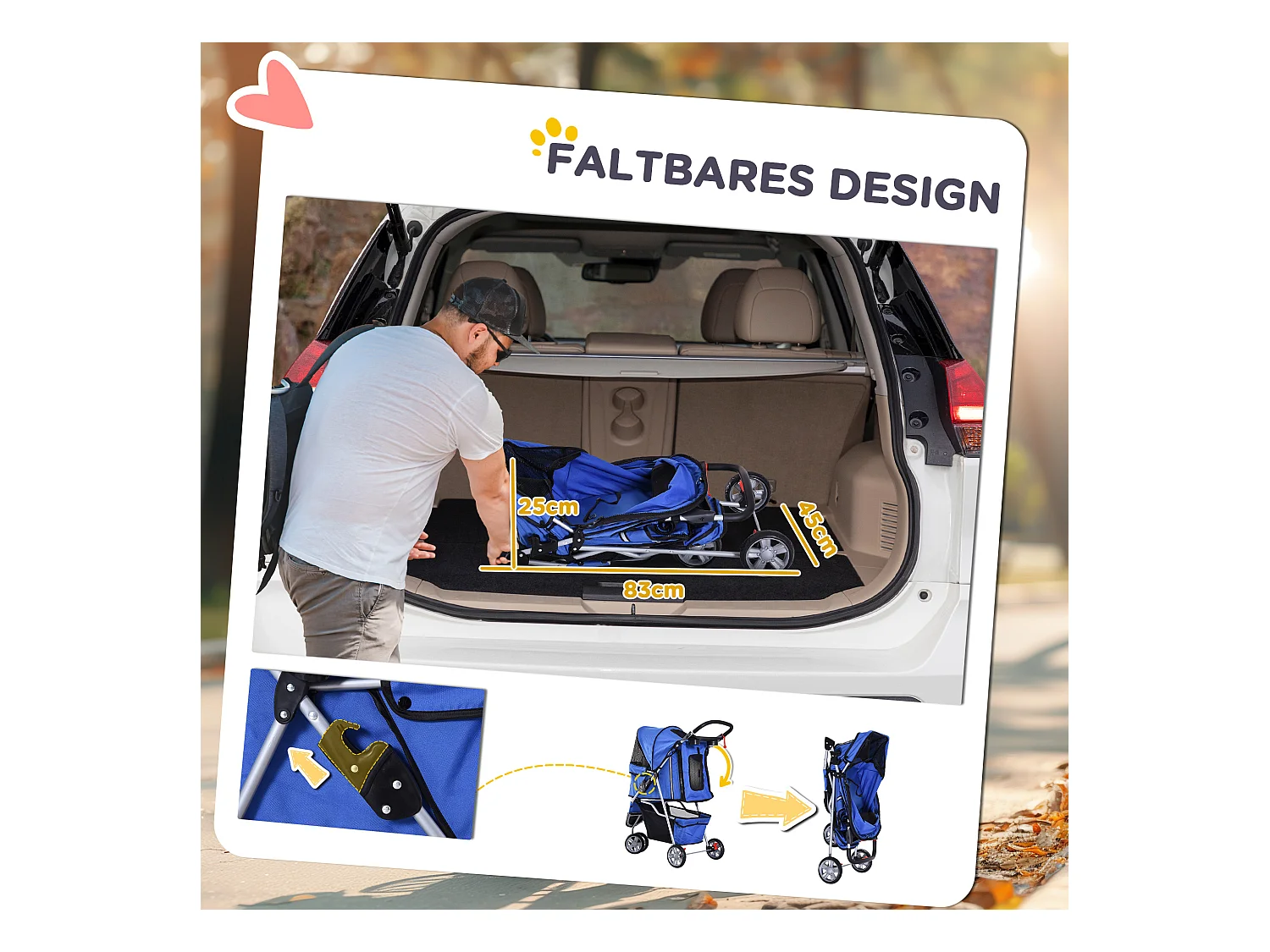 Chariot pliable pour chien et chat, design pratique, tissu oxford, bleu, avec frein et filet anti-insectes (75x45x97cm)