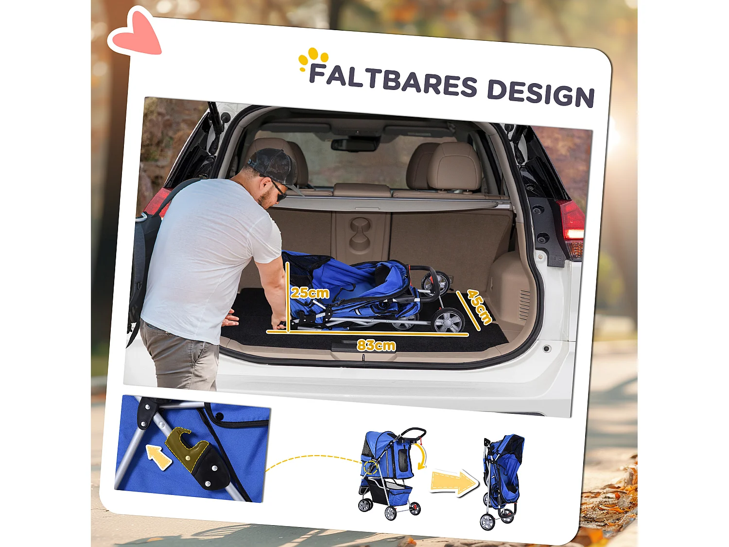 Chariot pliable pour chien et chat, design pratique, tissu oxford, bleu, avec frein et filet anti-insectes (75x45x97cm)