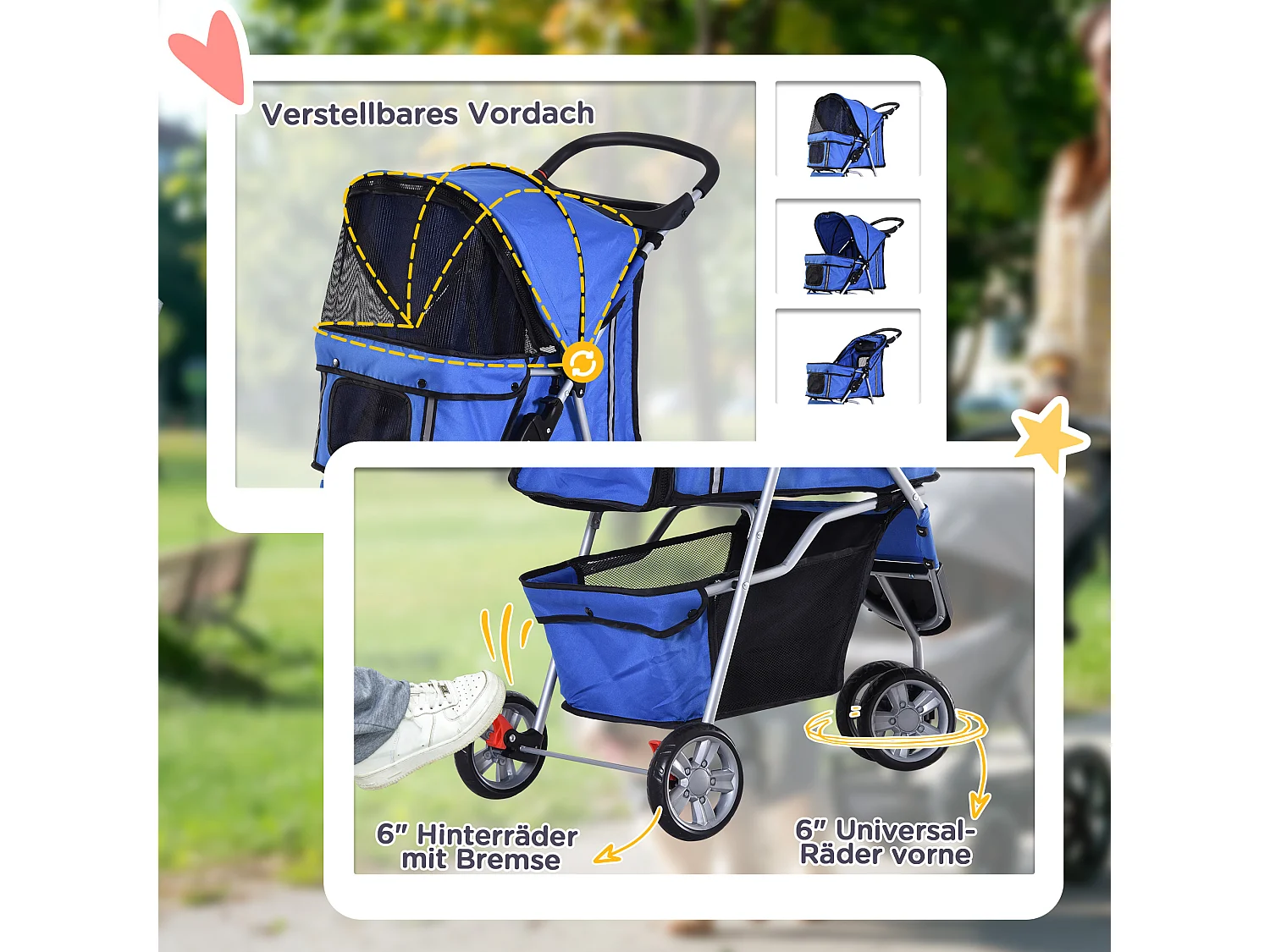 Chariot pliable pour chien et chat, design pratique, tissu oxford, bleu, avec frein et filet anti-insectes (75x45x97cm)