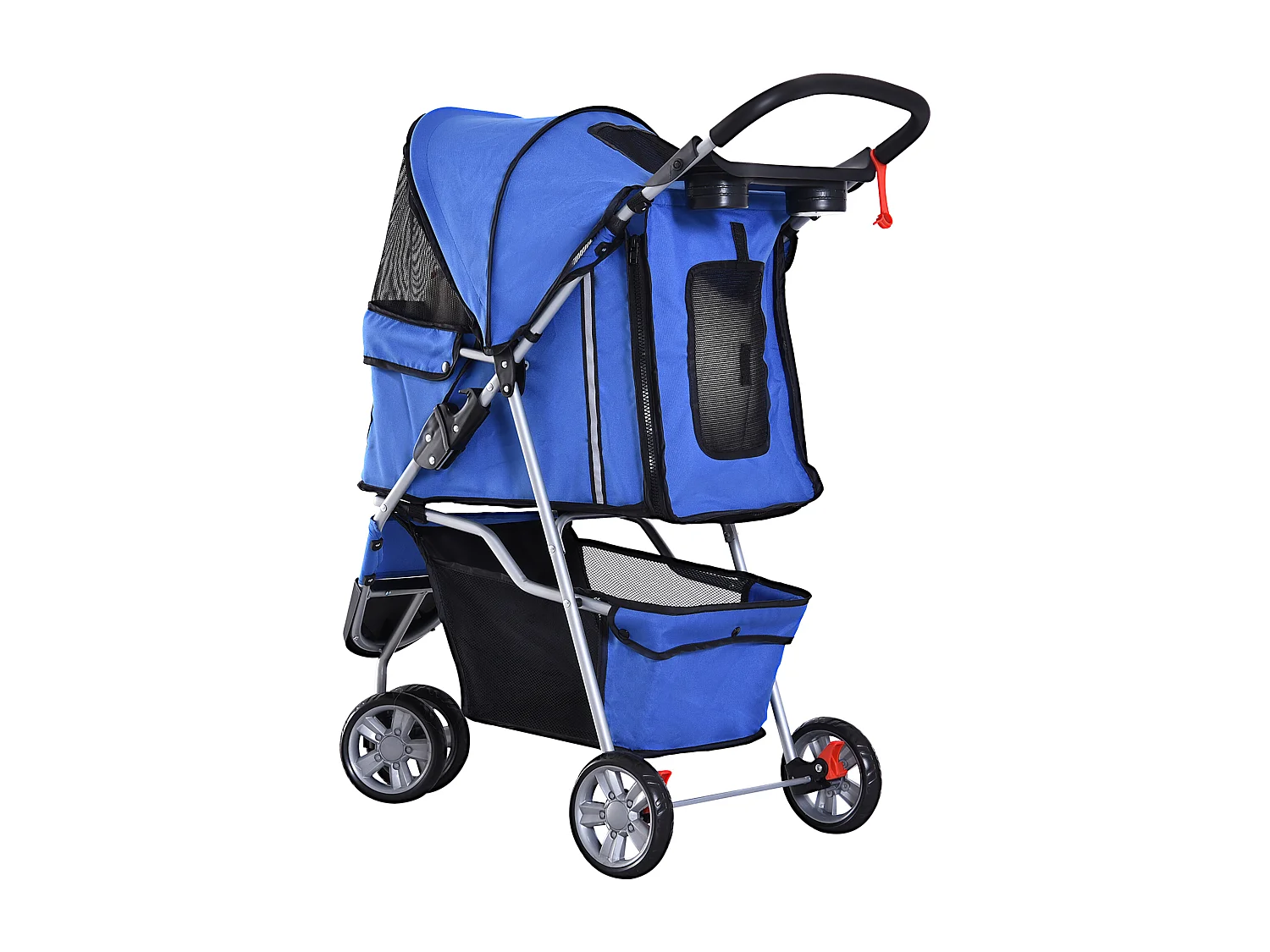 Chariot pliable pour chien et chat, design pratique, tissu oxford, bleu, avec frein et filet anti-insectes (75x45x97cm)