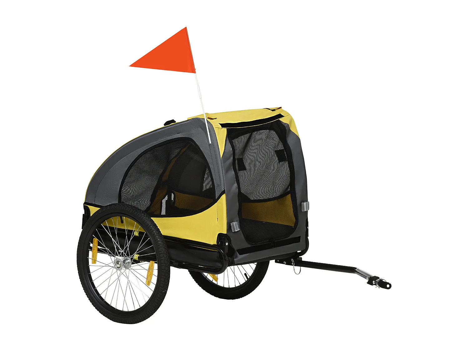 Remorque pour chien, résistance 20kg, pour chiens de taille moyenne, avec fenêtres en filet et bâche, polyester, jaune (140x71x83cm)
