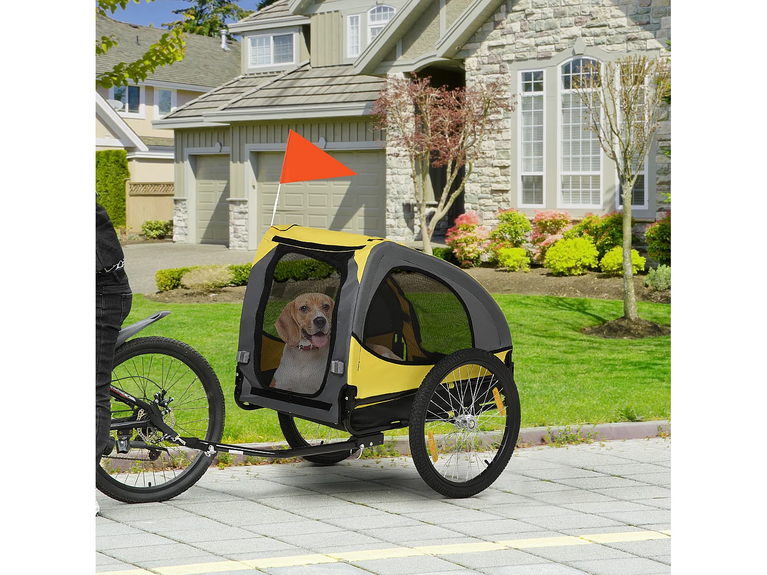 Remorque pour chien, résistance 20kg, pour chiens de taille moyenne, avec fenêtres en filet et bâche, polyester, jaune (140x71x83cm)