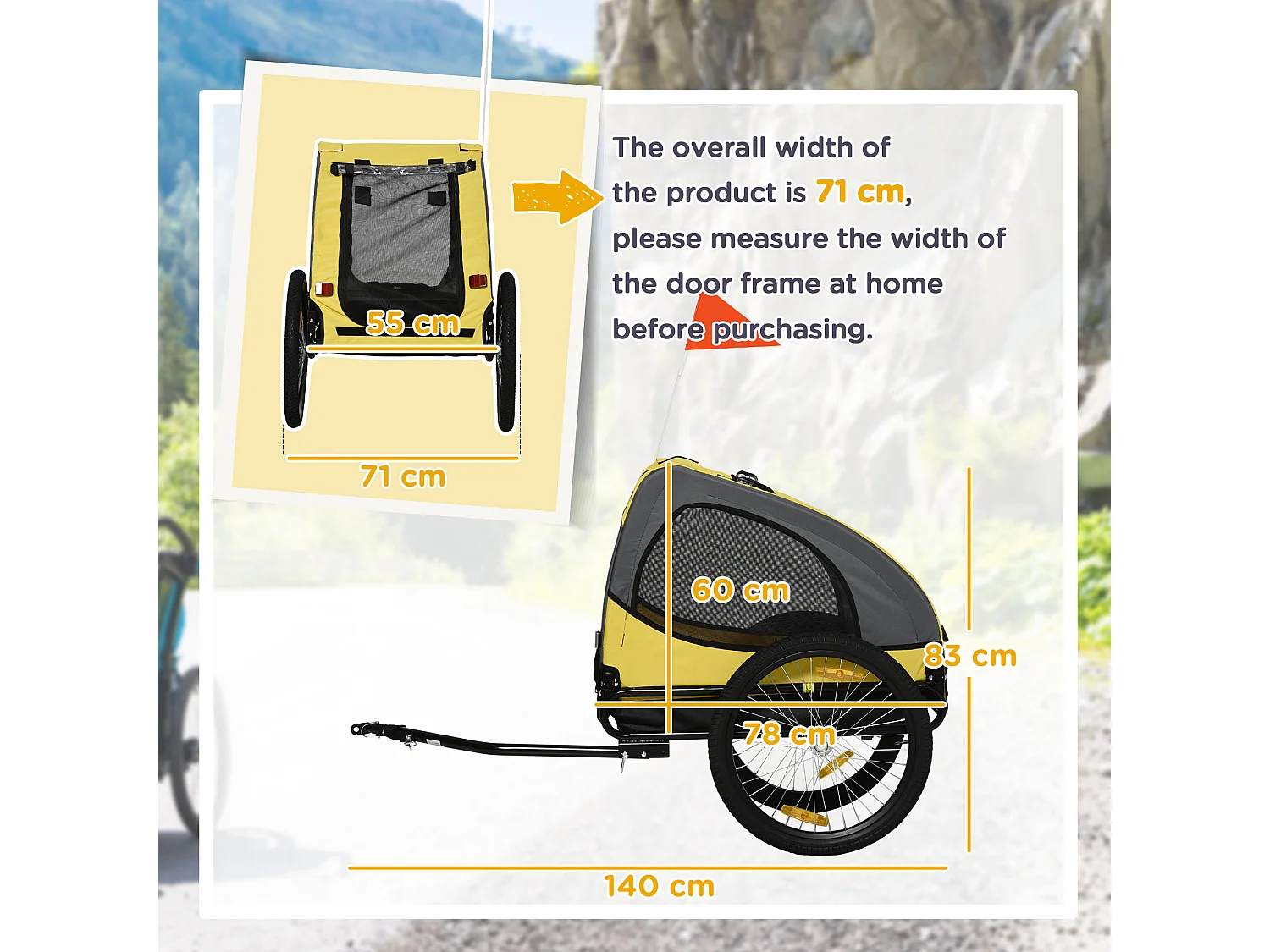 Remorque pour chien, résistance 20kg, pour chiens de taille moyenne, avec fenêtres en filet et bâche, polyester, jaune (140x71x83cm)