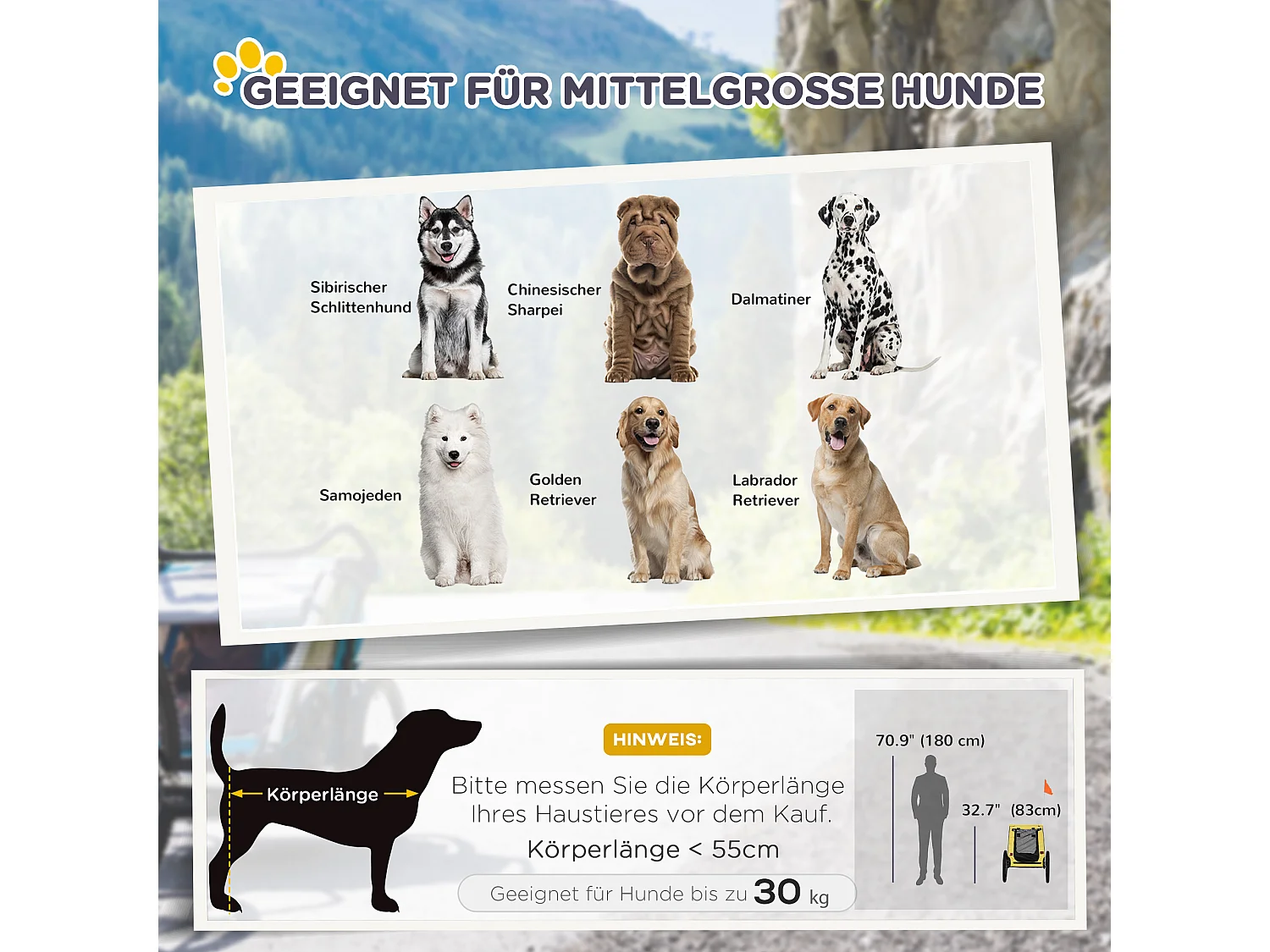 Remorque pour chien, résistance 20kg, pour chiens de taille moyenne, avec fenêtres en filet et bâche, polyester, jaune (140x71x83cm)