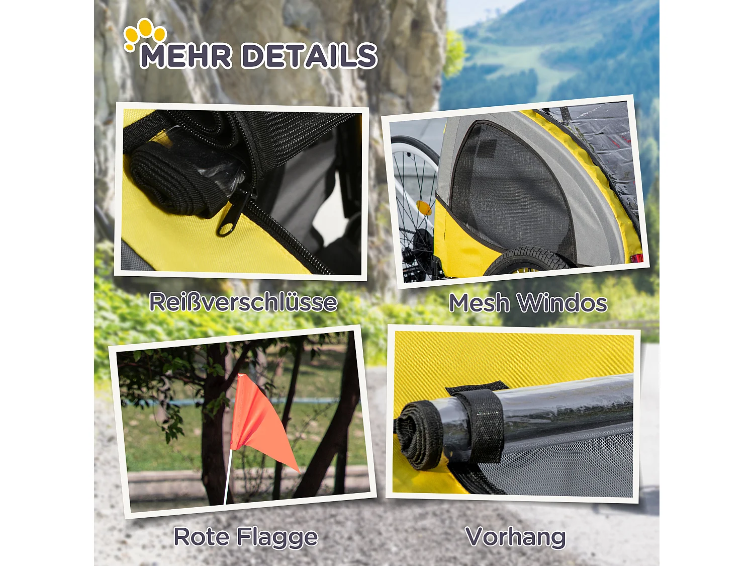 Remorque pour chien, résistance 20kg, pour chiens de taille moyenne, avec fenêtres en filet et bâche, polyester, jaune (140x71x83cm)