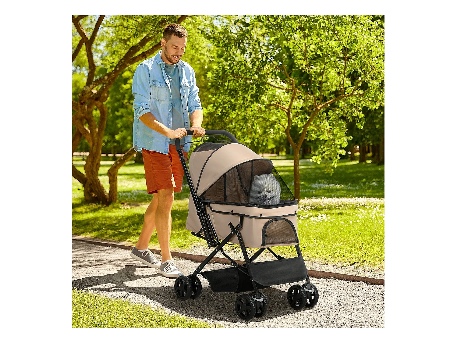 Poussette pour petit chien et chat, design pliable avec toit réglable, polyester marron (76.5x52x95cm)