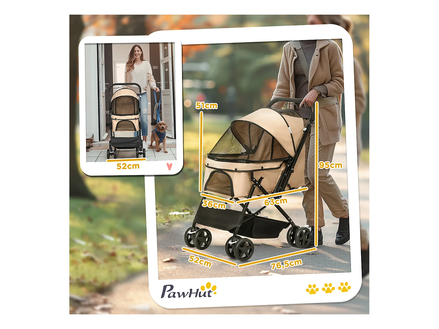 Poussette pour petit chien et chat, design pliable avec toit réglable, polyester marron (76.5x52x95cm)