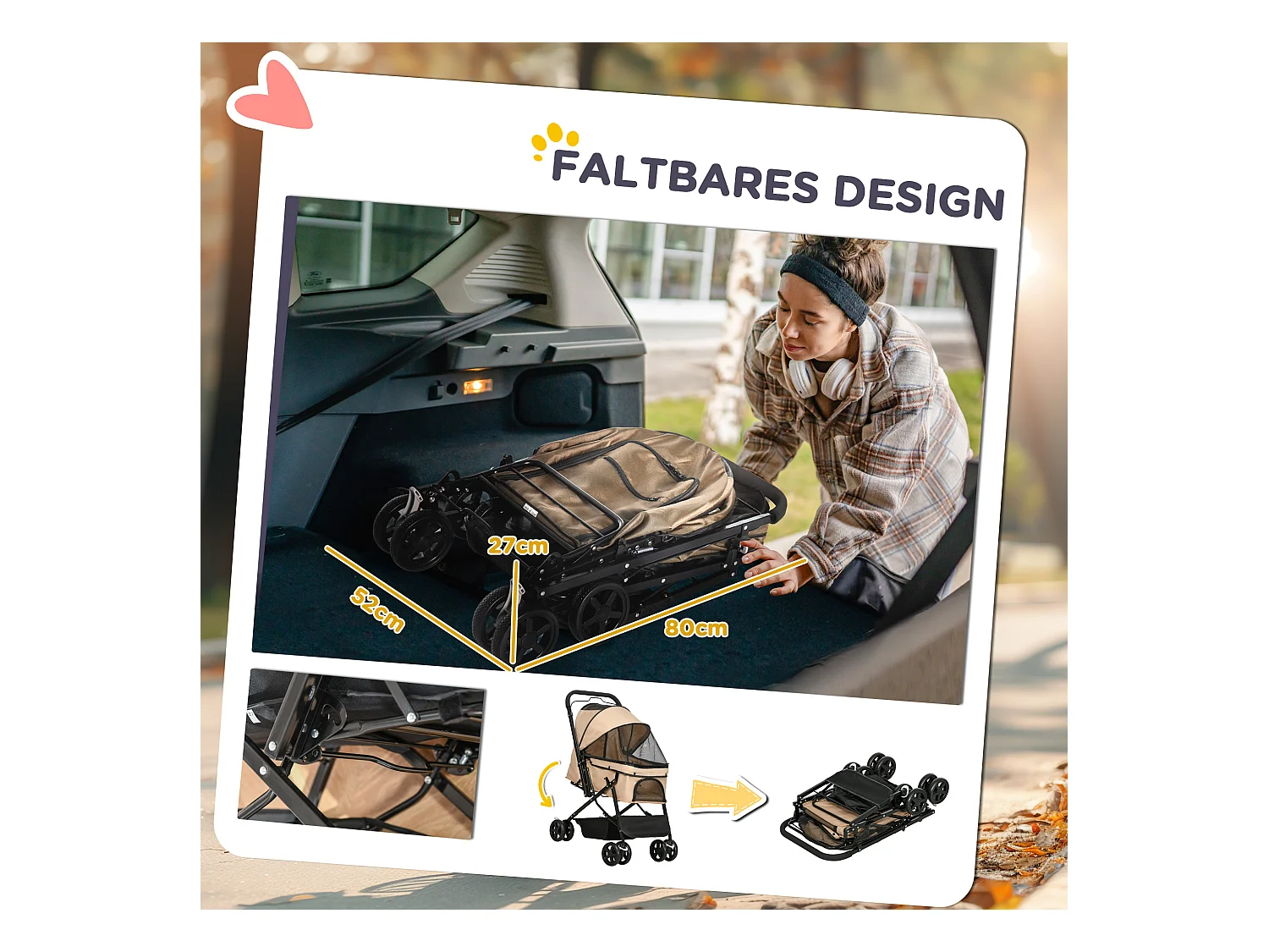 Poussette pour petit chien et chat, design pliable avec toit réglable, polyester marron (76.5x52x95cm)