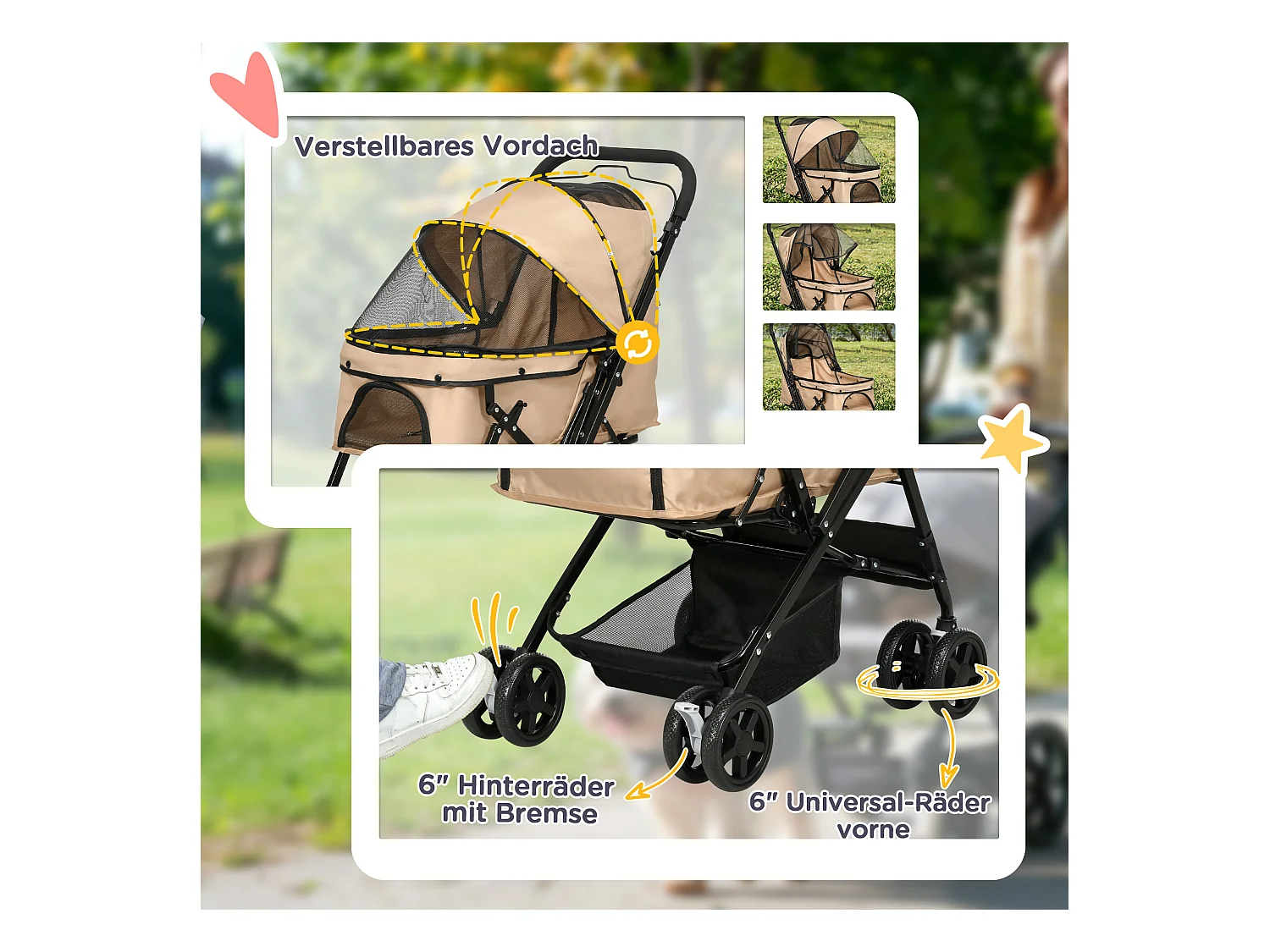 Poussette pour petit chien et chat, design pliable avec toit réglable, polyester marron (76.5x52x95cm)