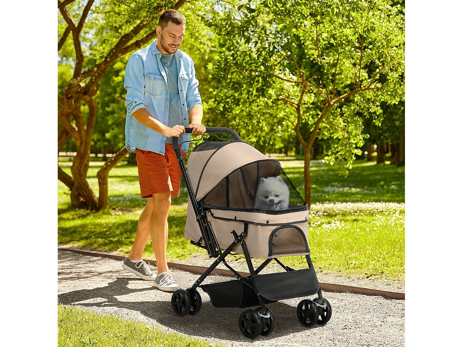 Poussette pour petit chien et chat, design pliable avec toit réglable, polyester marron (76.5x52x95cm)