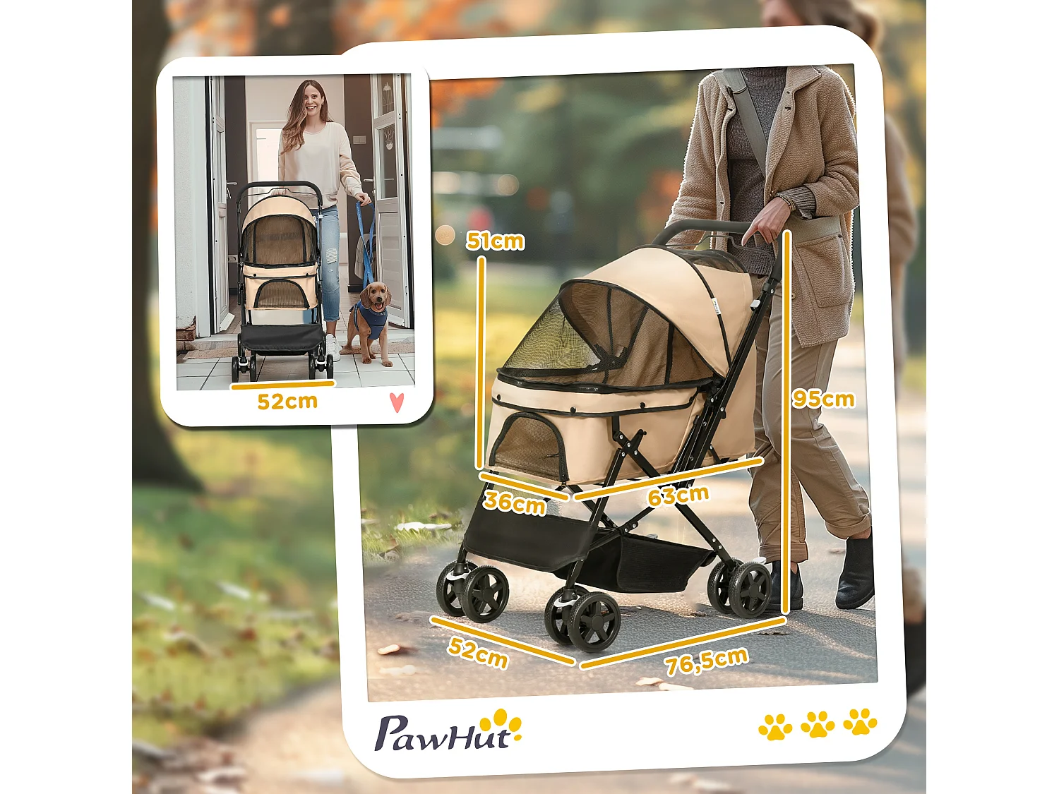 Poussette pour petit chien et chat, design pliable avec toit réglable, polyester marron (76.5x52x95cm)