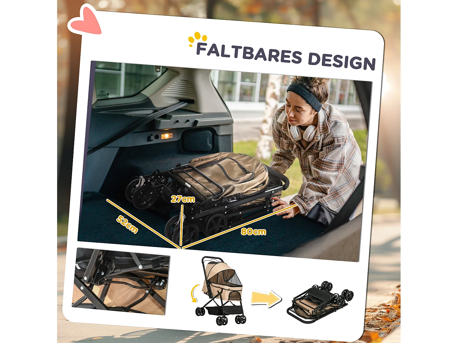 Poussette pour petit chien et chat, design pliable avec toit réglable, polyester marron (76.5x52x95cm)