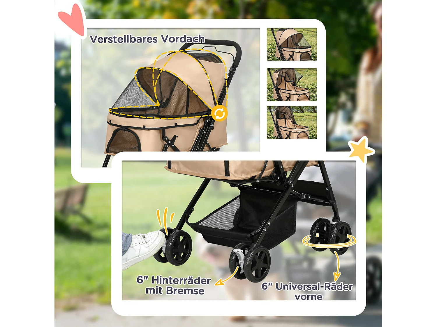 Poussette pour petit chien et chat, design pliable avec toit réglable, polyester marron (76.5x52x95cm)