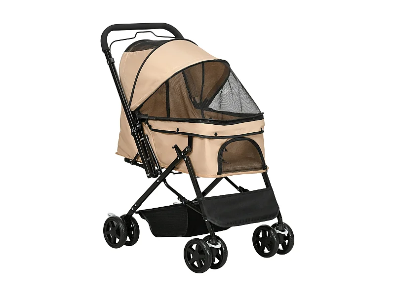 Poussette pour petit chien et chat, design pliable avec toit réglable, polyester marron (76.5x52x95cm)