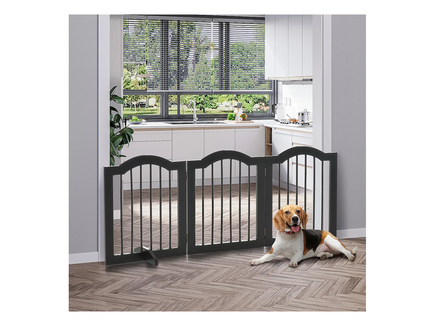 Barrière pour chien pliable, design robuste, bois massif, noir, avec 2 pieds de support (154.5x29.5x61cm)