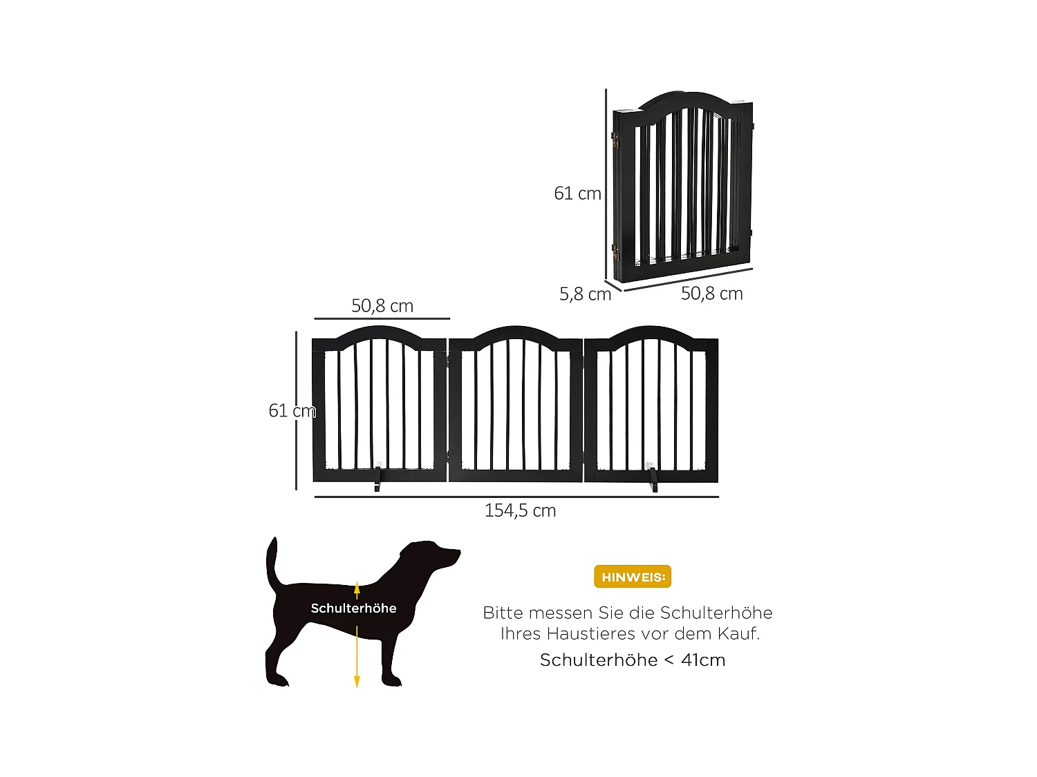 Barrière pour chien pliable, design robuste, bois massif, noir, avec 2 pieds de support (154.5x29.5x61cm)