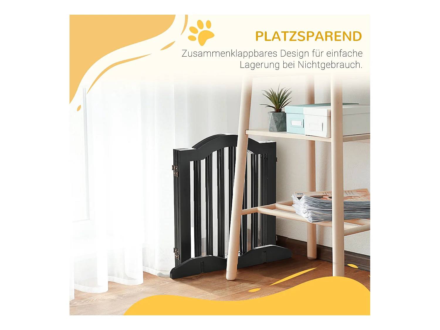 Barrière pour chien pliable, design robuste, bois massif, noir, avec 2 pieds de support (154.5x29.5x61cm)