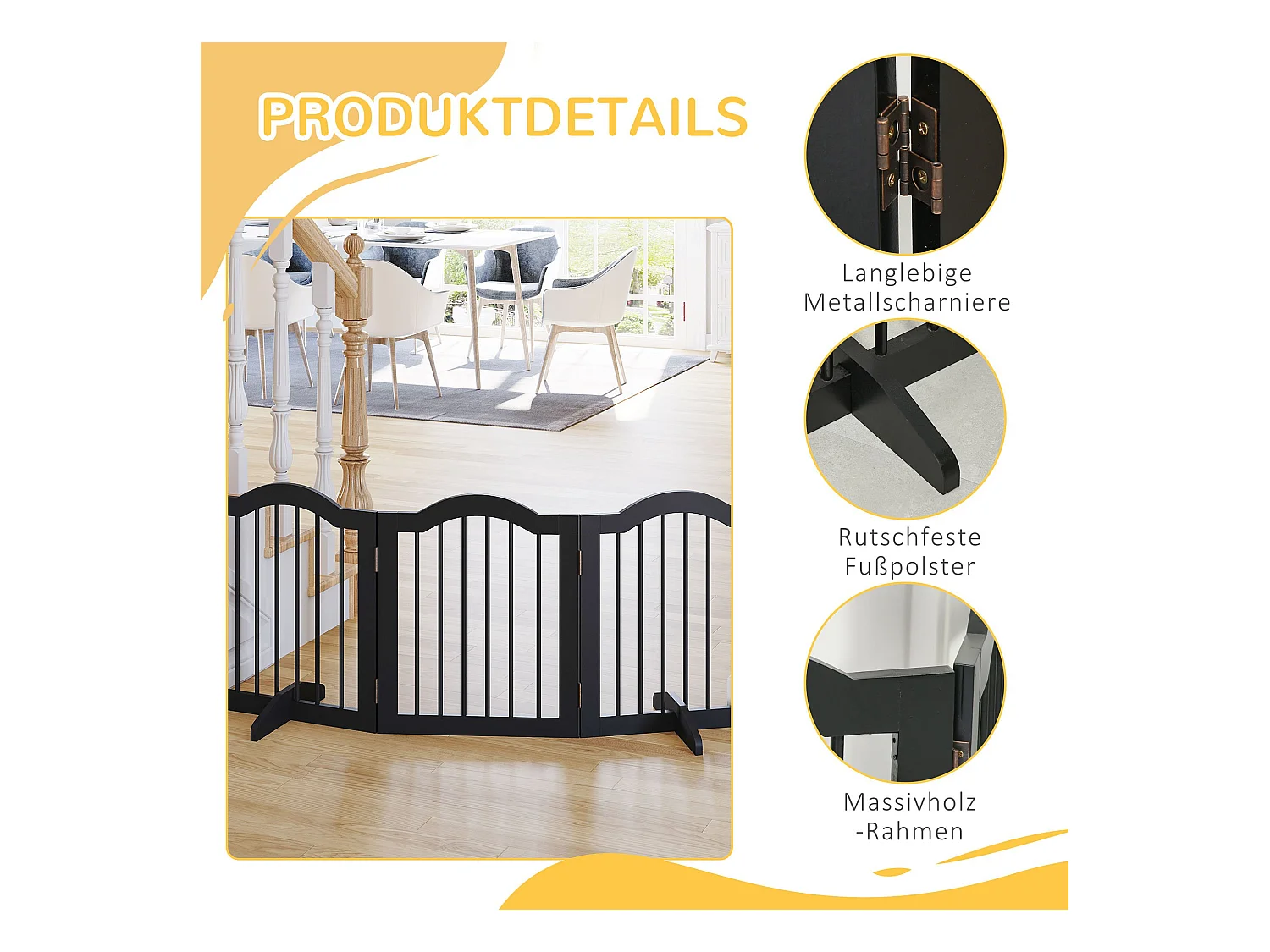 Barrière pour chien pliable, design robuste, bois massif, noir, avec 2 pieds de support (154.5x29.5x61cm)