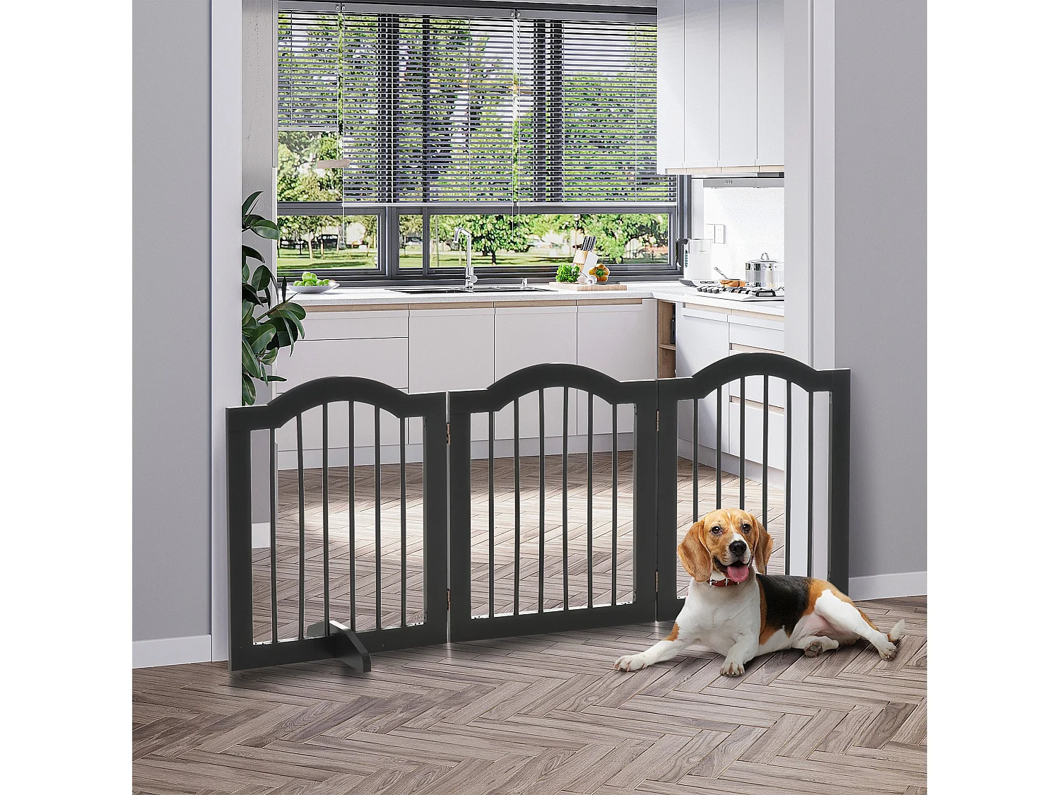 Puerta plegable para perros, diseño robusto, madera maciza, color negro, con 2 patas de apoyo (154,5 x 29,5 x 61 cm)